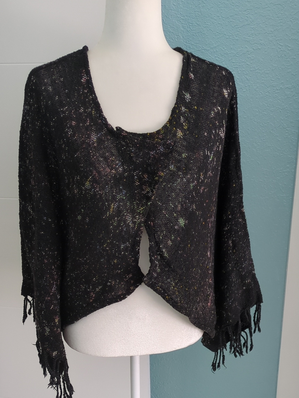 Black Speckled Open-Front Fringe Women's Kimono Sleeves Wrap Linen Blend O Sz